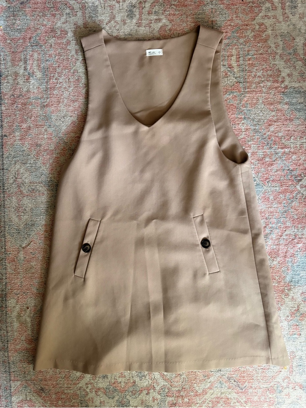 V-Neck Taupe Pinafore Dress with Button Pocket Details